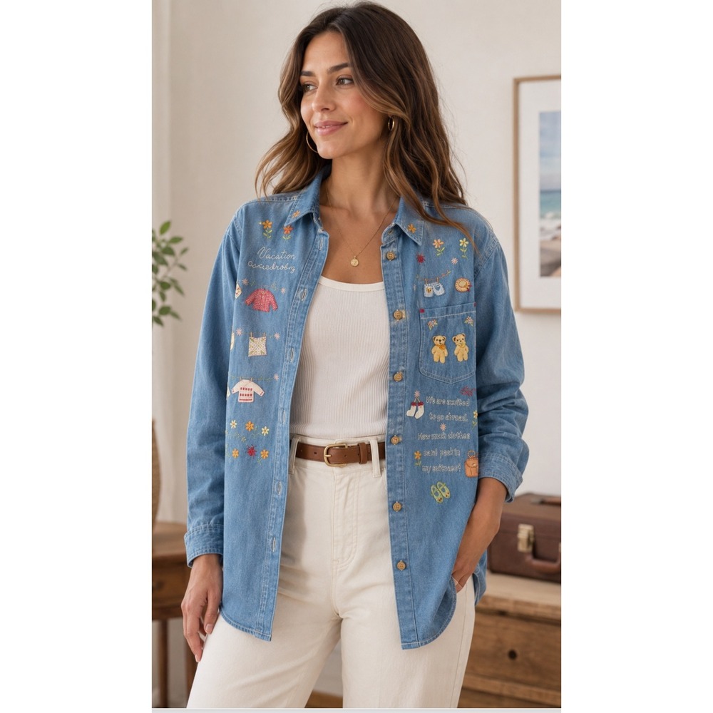 Cuseberry Embroidered Denim Button Down Shirt Blue Vacation Teddy Bear Large